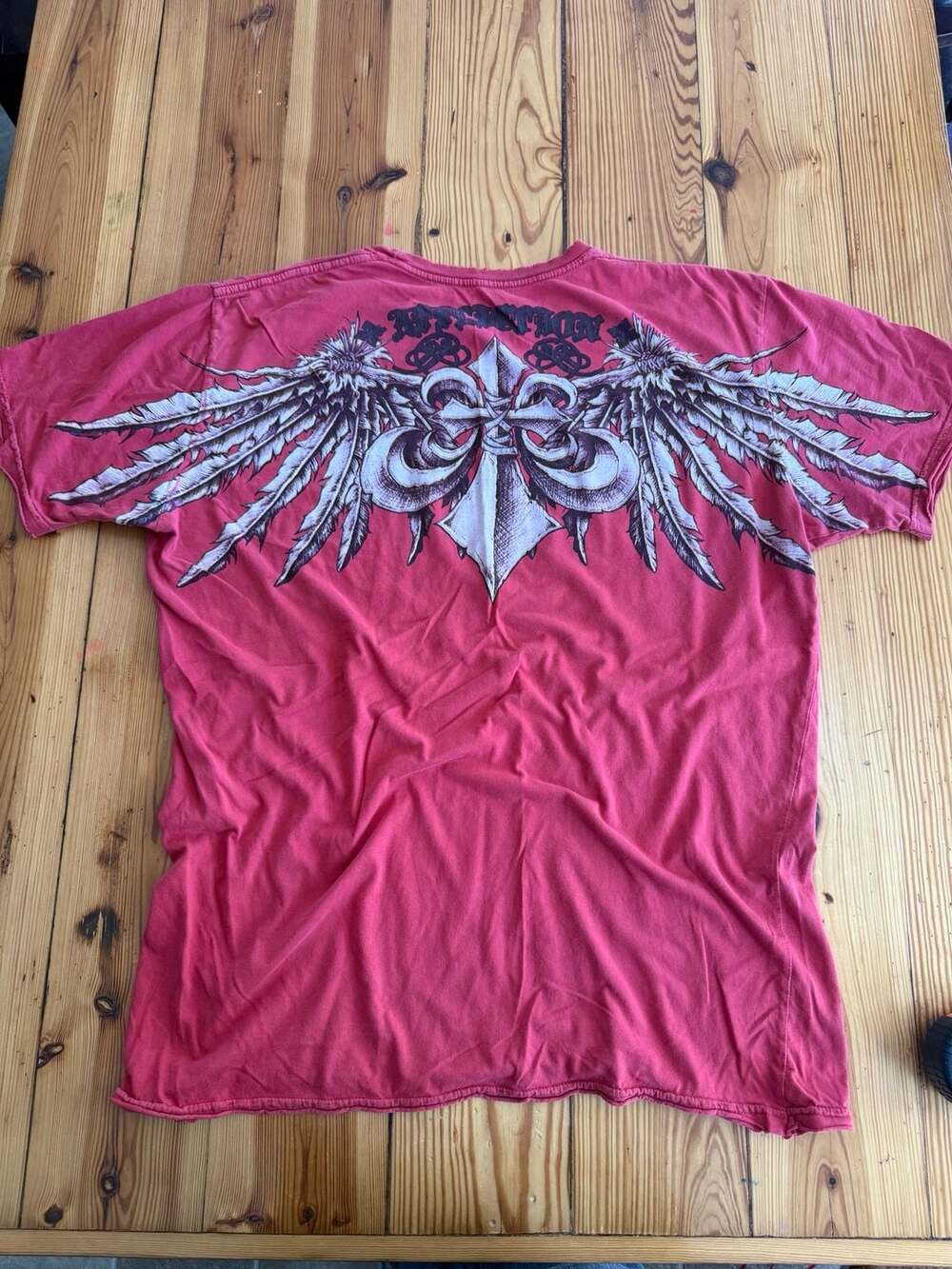 Affliction Graphic T-Shirt Size XL Red Fleur-de-lis Wing Cross Y2K Grunge